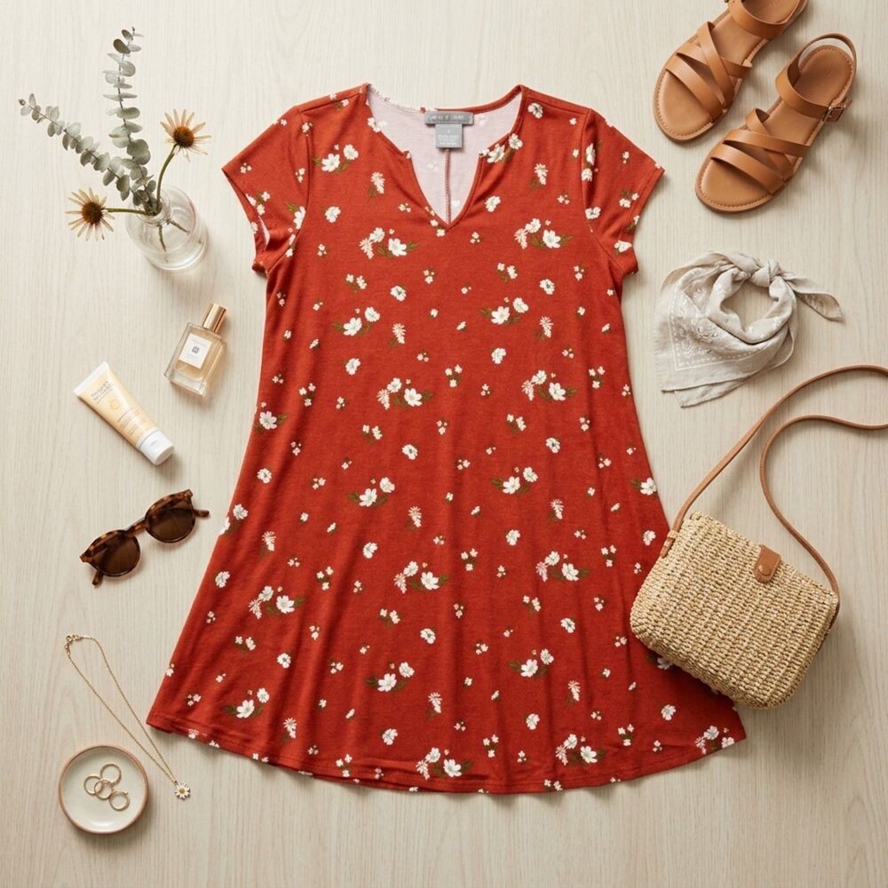 Lark & Grey Rust Floral Swing Dress Flirty V Neck Cozy Fall Transitional